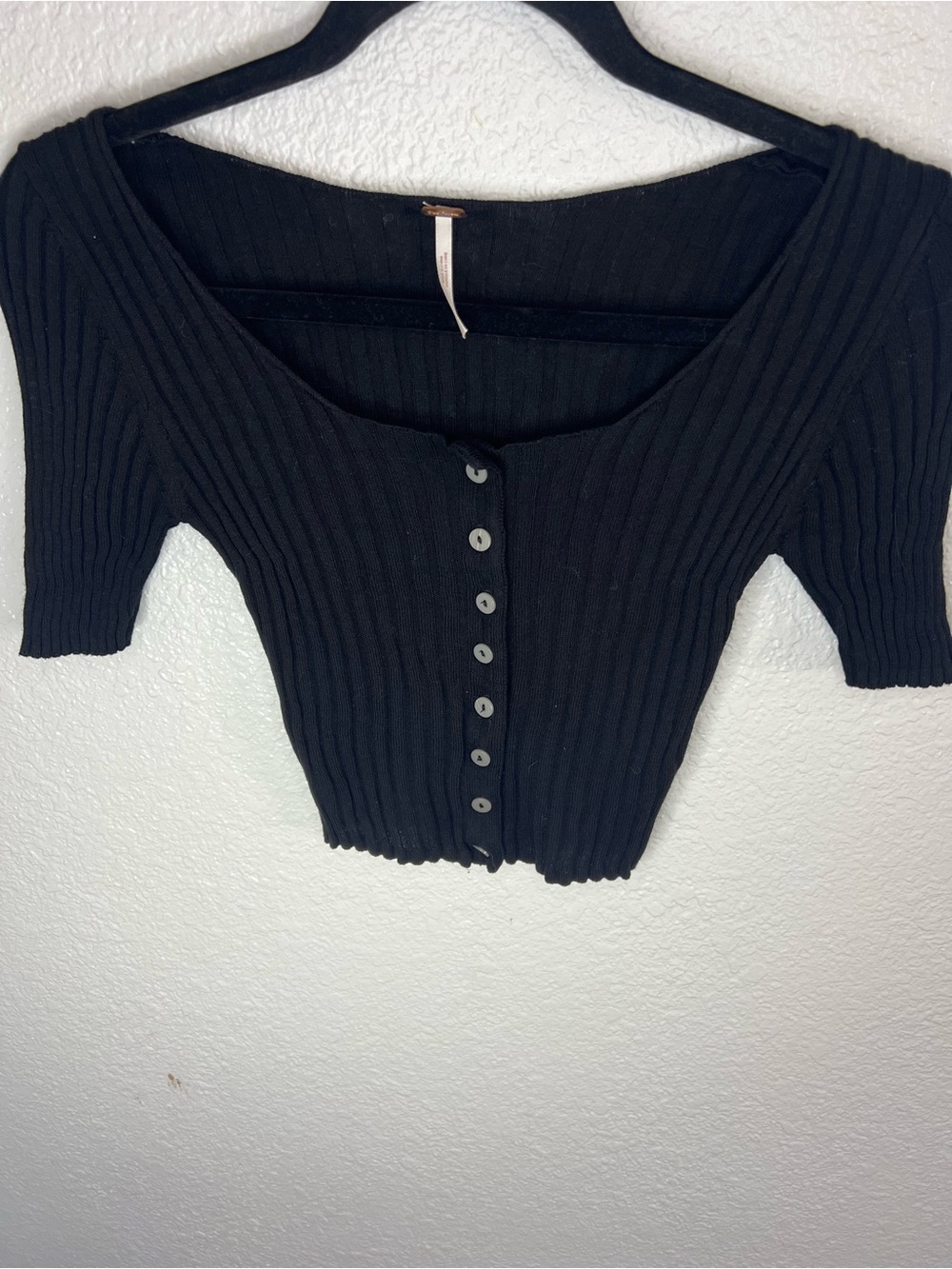 Free People Black Ribbed Button-Front Crop Top
